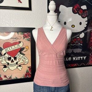 Pink Ribbed V Neck Tank Top